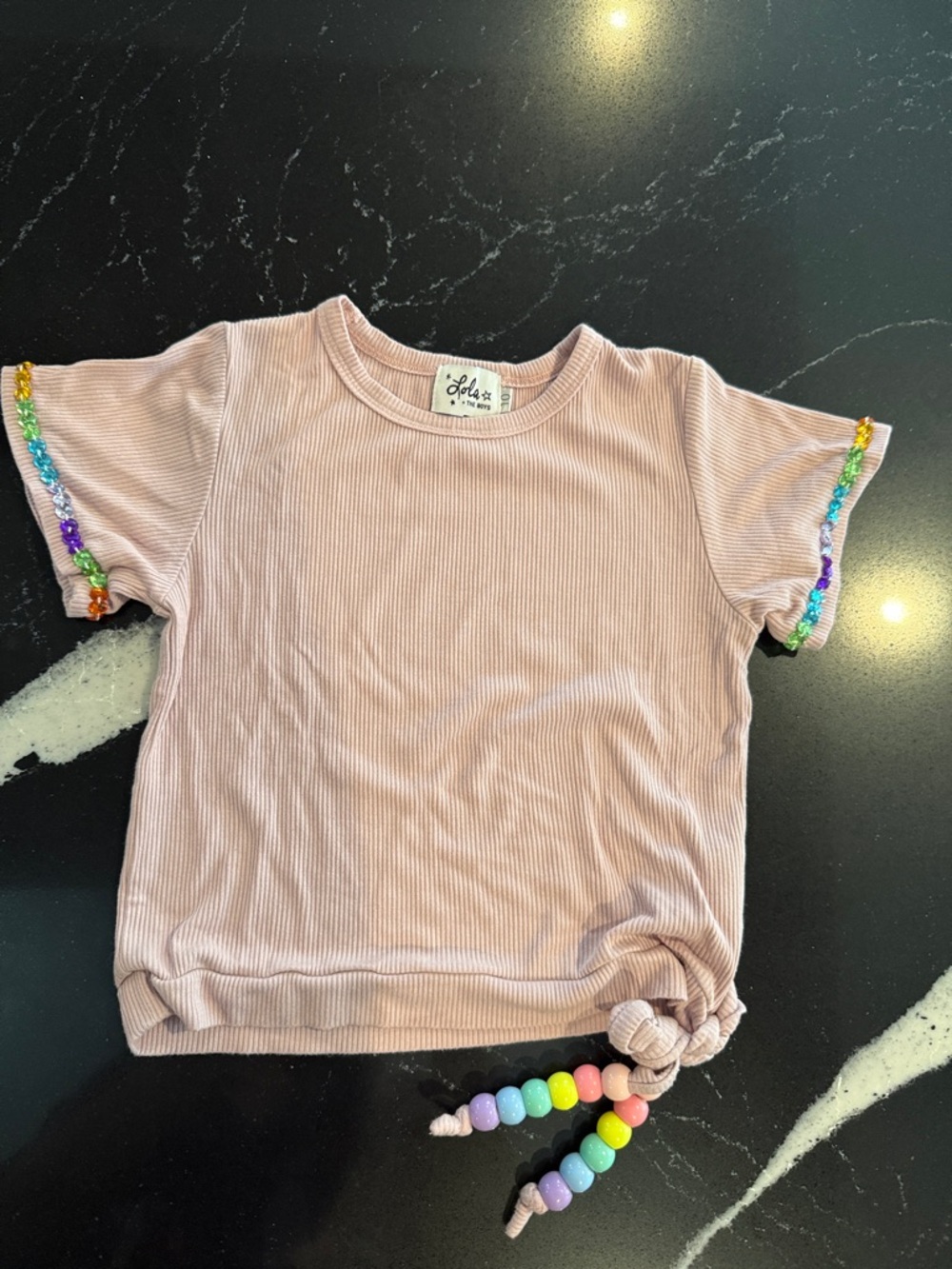 Lola + The Boys Dusty Pink Ribbed Tee with Rainbow Bead Trim